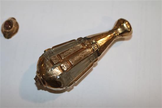 A gold mounted cut glass scent bottle, probably c.1850, 3 7/8in.